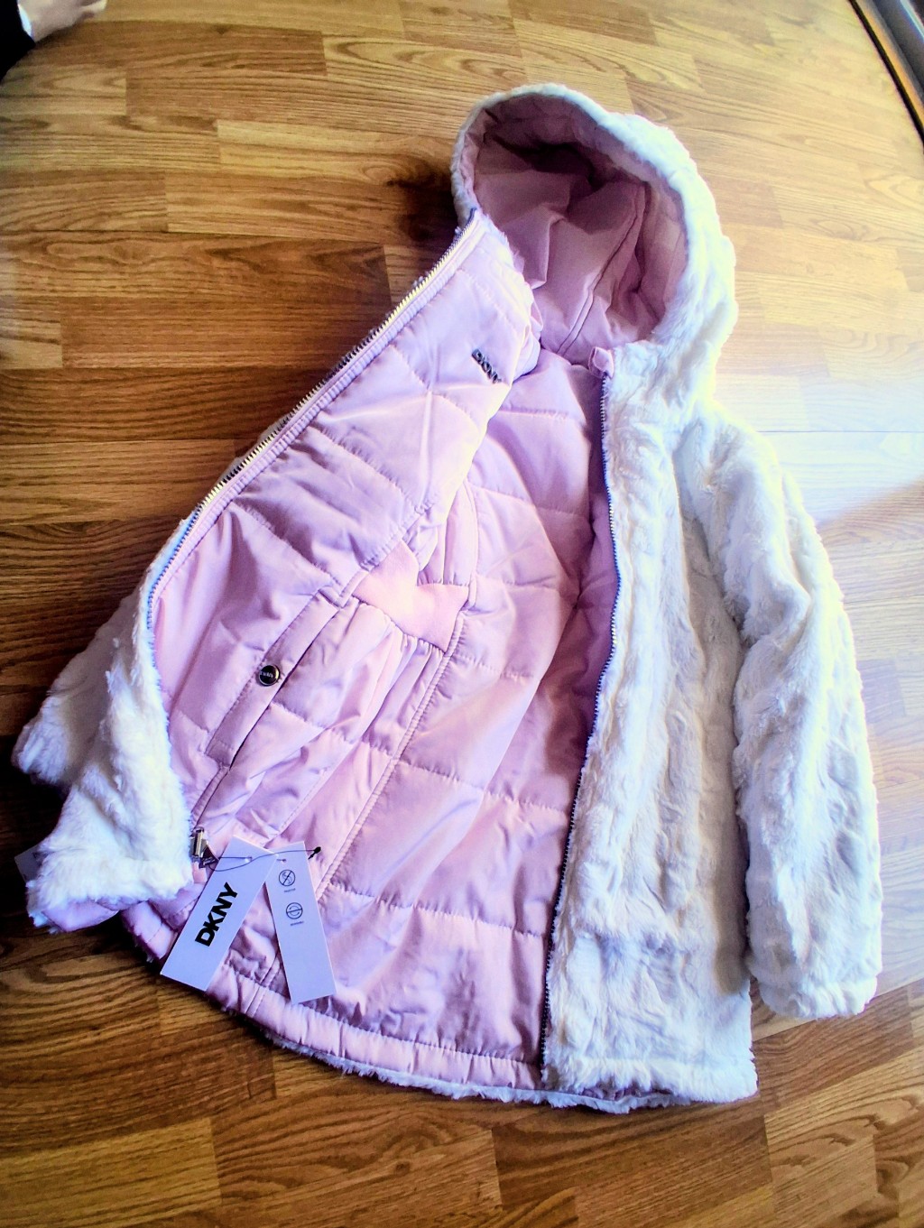Nwt Dkny Girls Reversible Coat, Pale Pink/White Fuzzy Faux Fur, Sz 6x Msrp $130